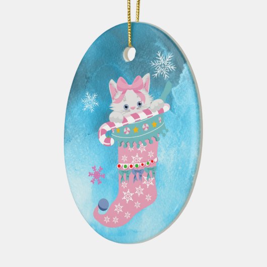 Cute Pink Stocking Kitten met snoepriet Keramisch Ornament (Links)