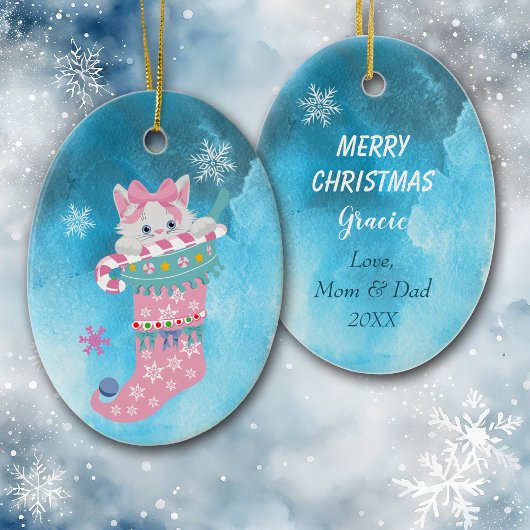 Cute Pink Stocking Kitten met snoepriet Keramisch Ornament
