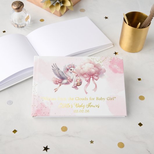 Cute Pink Stork with cloud Baby Girl Shower Gastenboek