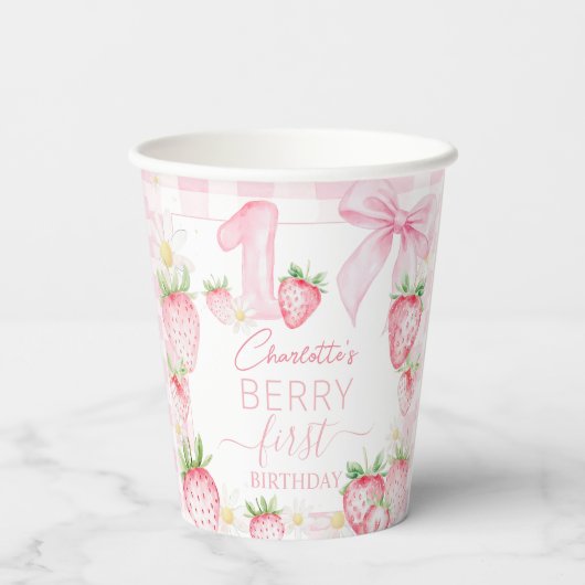 Cute Pink Strawberries Berry First 1st Birthday Papieren Bekers (Achterkant)