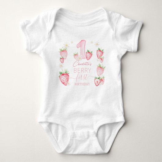 Cute Pink Strawberries Berry First 1st Birthday Romper (Voorkant)