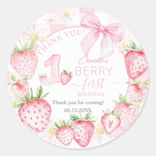 Cute Pink Strawberries Berry First 1st Birthday Ronde Sticker (Voorkant)