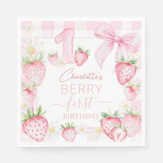 Cute Pink Strawberries Berry First 1st Birthday Servet (Voorkant)