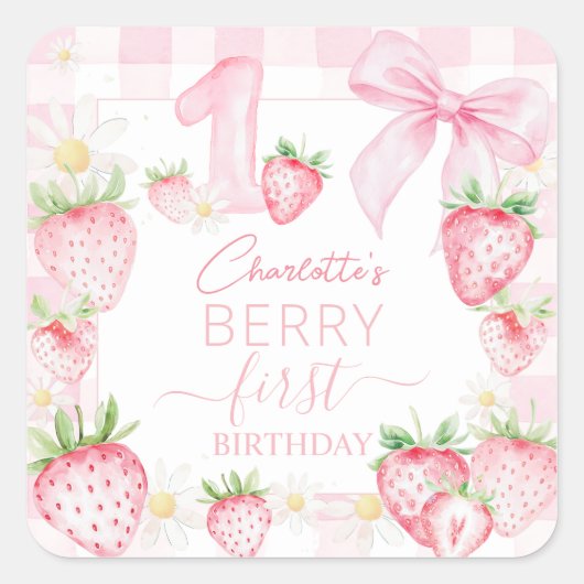 Cute Pink Strawberries Berry First 1st Birthday Vierkante Sticker (Voorkant)