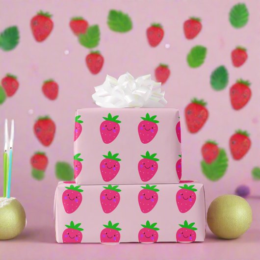 Cute Pink Strawberries Birthday Party Girly Kids Cadeaupapier