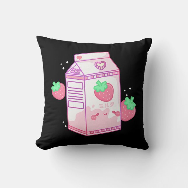 Cute Pink Strawberry Milk Japanese Kawaii Retro Kussen (Voorkant)