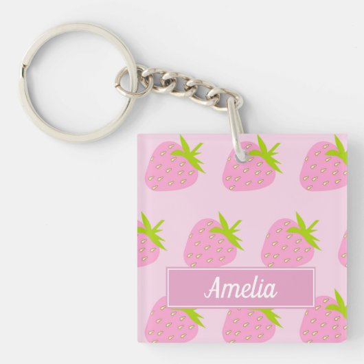 Cute Pink Strawberry Pattern Personalised Sleutelhanger (Voorkant)