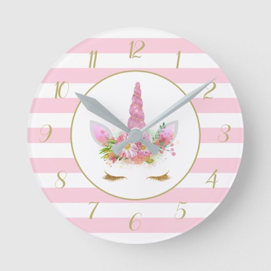 Cute Pink Striped Unicorn Face Ronde Klok (Voorkant)