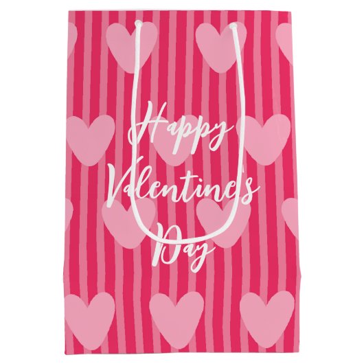 Cute Pink Stripes and Hearts Valentine Pattern Medium Cadeauzakje (Achterkant)
