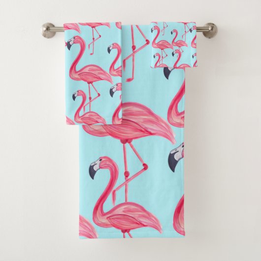 Cute Pink Summer Painted Flamingo patroon Blue Bad Handdoek (Insitu)