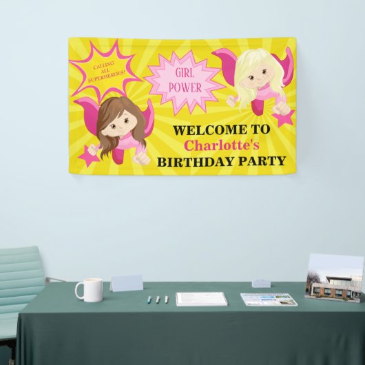 Cute Pink Superheld Girl Birthday Party Spandoek (Beurs)