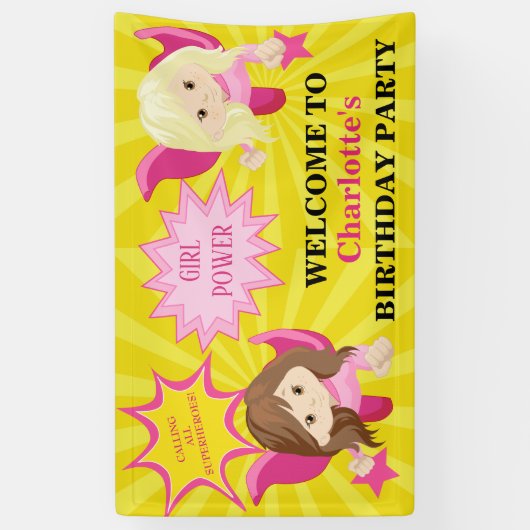 Cute Pink Superheld Girl Birthday Party Spandoek (Verticaal)