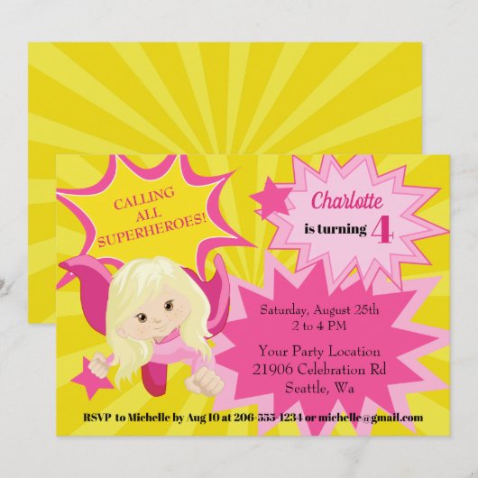 Cute Pink Superheld Girl Birthday Uitnodiging (Voorkant / Achterkant)