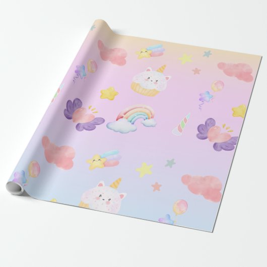 Cute pink sweet cupcake unicorn rainbow Pattern Cadeaupapier (Uitgerold)