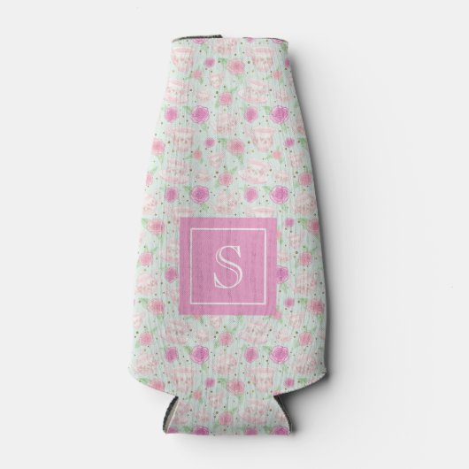 Cute Pink Tea Cups Personalized Monogram Flesjeskoeler (Voorkant)