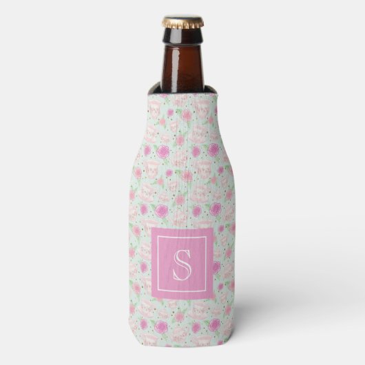 Cute Pink Tea Cups Personalized Monogram Flesjeskoeler (Fles Voorkant)