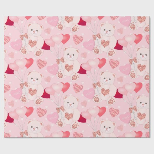 Cute Pink Teddy Bear Ballon Harten Valentijnsdag Cadeaupapier (Vlak)