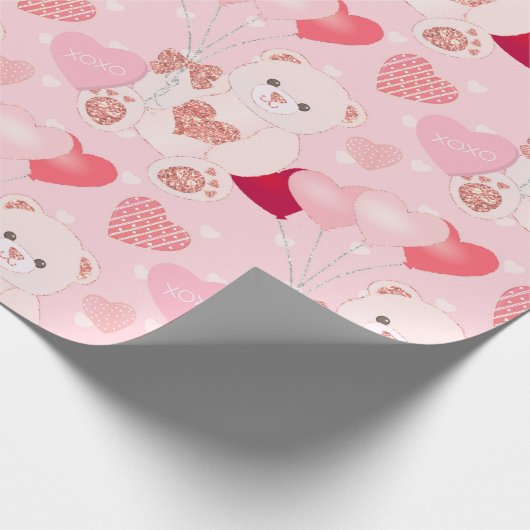 Cute Pink Teddy Bear Ballon Harten Valentijnsdag Cadeaupapier (Hoek)