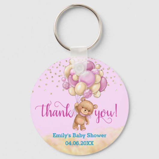 Cute Pink Teddy Bear Balloon Dank je Baby shower Sleutelhanger (Voorkant)