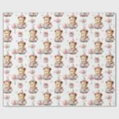 Cute Pink Teddy Bear Birthday Party Wrapping Paper Cadeaupapier (Vlak)