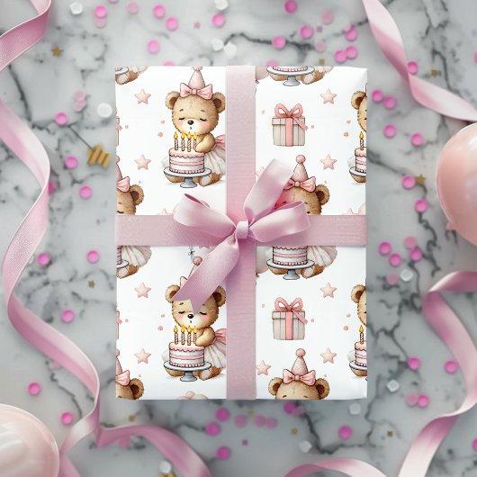 Cute Pink Teddy Bear Birthday Party Wrapping Paper Cadeaupapier