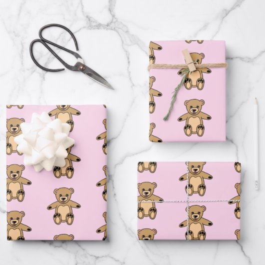 Cute Pink Teddy Bear Girl Pattern Inpakpapier Vel (Voorkant)