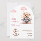 Cute Pink Teddy Bear Nautical Girl Baby Shower Kaart (Voorkant)