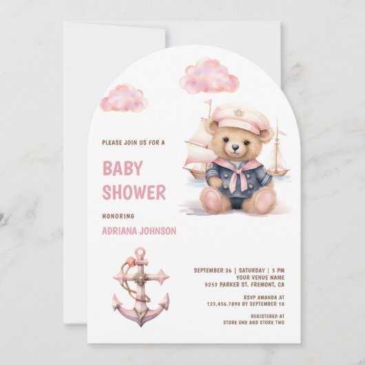Cute Pink Teddy Bear Nautical Girl Baby Shower Kaart (Voorkant)