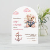 Cute Pink Teddy Bear Nautical Girl Baby Shower Kaart (Staand voorkant)