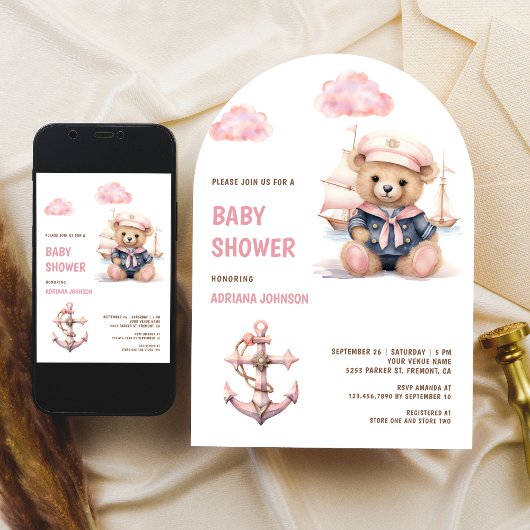 Cute Pink Teddy Bear Nautical Girl Baby Shower Kaart