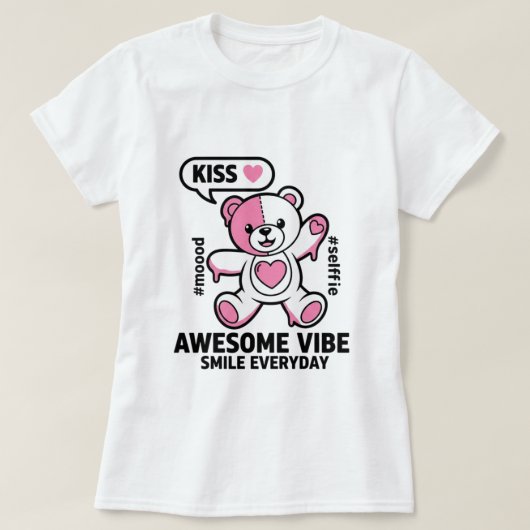 Cute Pink Teddy Bear Saying Kiss – Kawaii Love Bea T-shirt (Design voorkant)