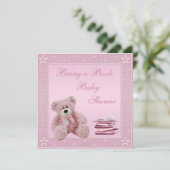 Cute Pink Teddy brengt een Baby shower uit het boe Kaart (Staand voorkant)