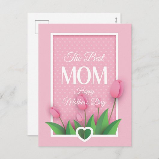 Cute Pink Tulip en White Hearts Moederdag Feestdagenkaart (Voorkant / Achterkant)