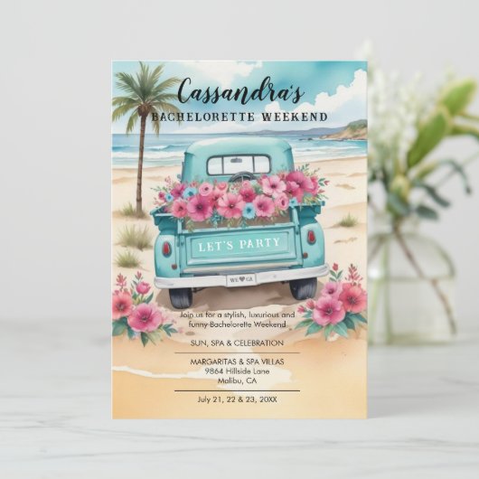 Cute Pink Turquoise Floral Van Beach Bachelorette Kaart (Staand voorkant)