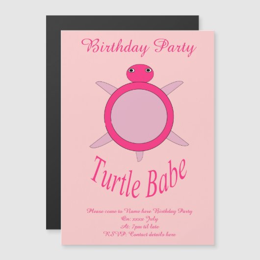 Cute Pink Turtle Babe Custom Invitae Magnetische Uitnodiging (Voorkant / Achterkant)