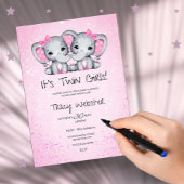 Cute, Pink Twin Baby Elephants Baby Shower  Kaart