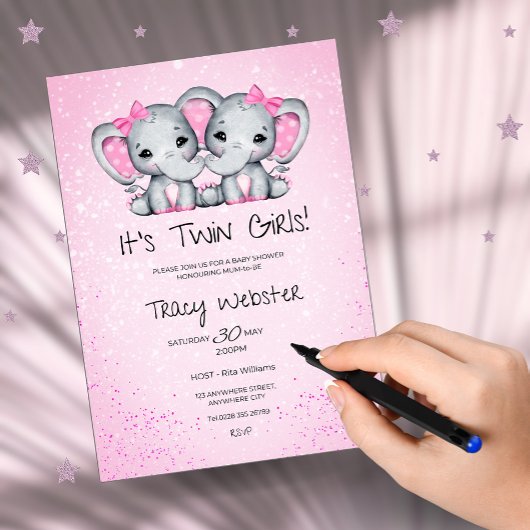 Cute, Pink Twin Baby Elephants Baby Shower Kaart