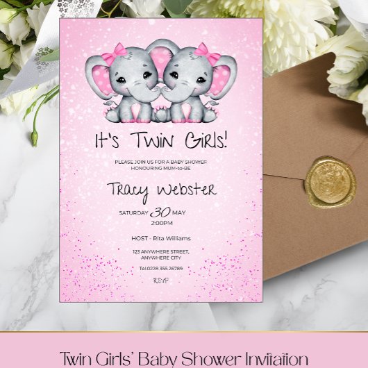 Cute, Pink Twin Baby Elephants Baby Shower  Kaart