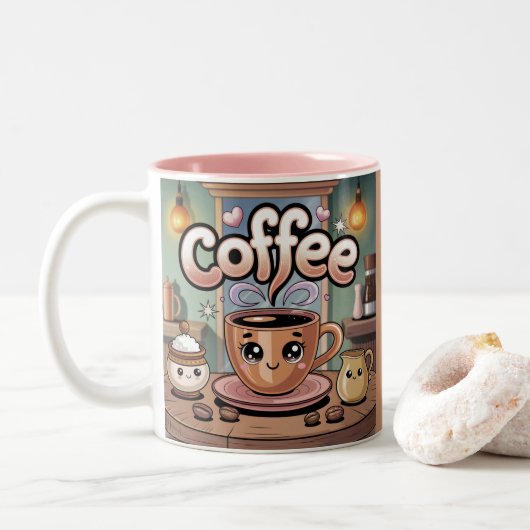 Cute Pink Two-Tone Steaming Coffee Mug Tweekleurige Koffiemok (Met donut)
