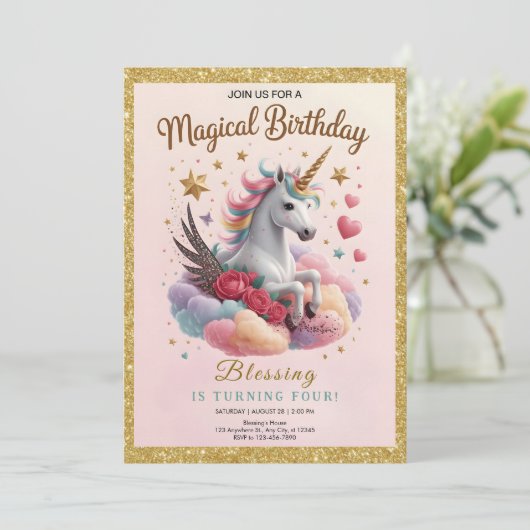 Cute Pink Unicorn Birthday Kaart (Staand voorkant)