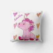 Cute Pink Unicorn en Hearts Girly Name Kussen (Voorkant)