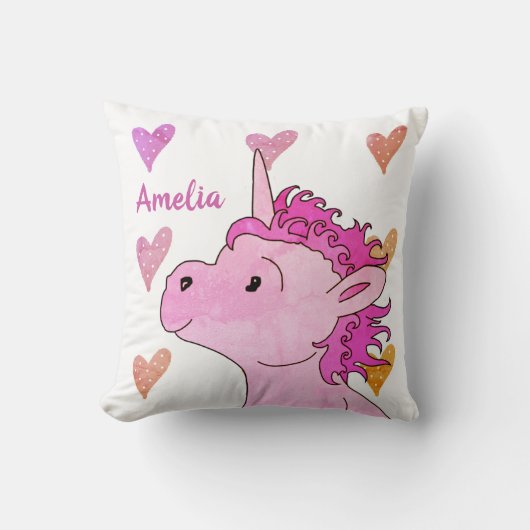 Cute Pink Unicorn en Hearts Girly Name Kussen (Voorkant)