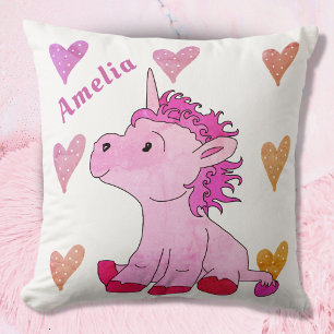 Cute Pink Unicorn en Hearts Girly Name Kussen