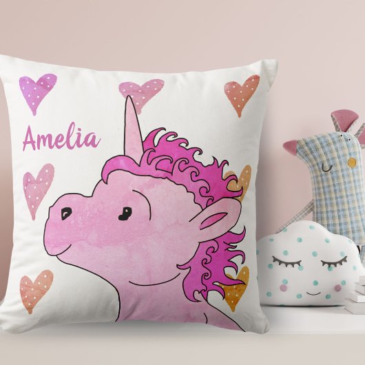 Cute Pink Unicorn en Hearts Girly Name Kussen