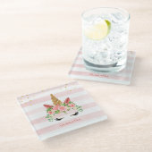 Cute Pink Unicorn Face met Flowers Glazen Onderzetter (Schuin)