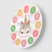 Cute Pink Unicorn Face met Flowers Grote Klok (Hoek)