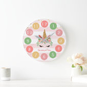 Cute Pink Unicorn Face met Flowers Grote Klok (Huis)