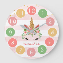 Cute Pink Unicorn Face met Flowers Grote Klok