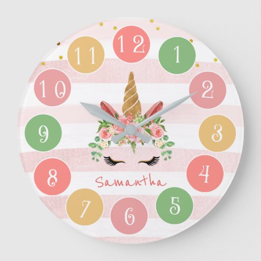 Cute Pink Unicorn Face met Flowers Grote Klok (Voorkant)