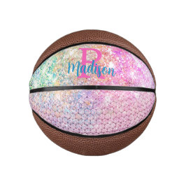Cute Pink unicorn faux glitter monogram Basketbal